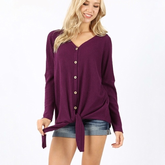 Waffle Knit Knot Front Sweater -Hunter Green 23003 - Picture 6 of 8